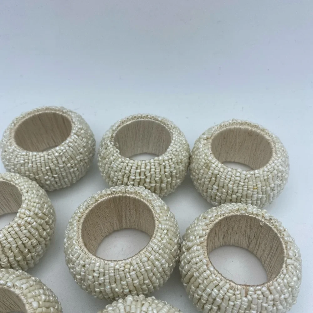 VTG Set Of 9 Beaded Cream Color Chunky Napkin Rings Holders